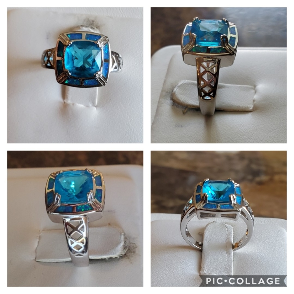 Genuine 3ct Blue Topaz/Opal inlay Ring Size 6 - Picture 3 of 8